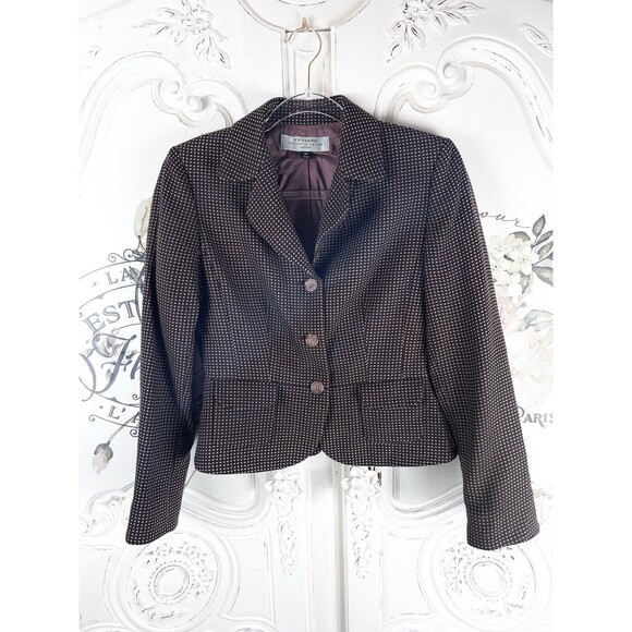 Tahari Brown Pink Polka Dots Light Tweed Blazer Pockets 3 Button, Size 4P - Picture 3 of 12